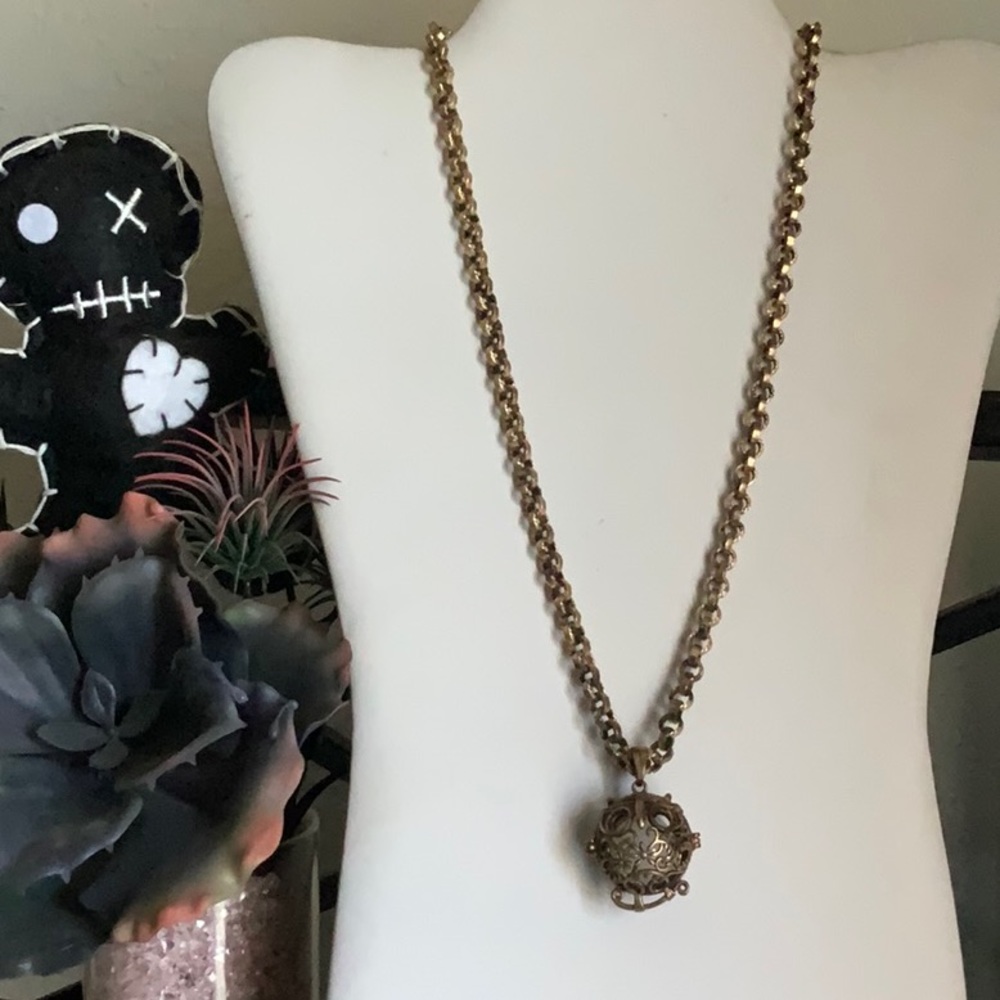 Round Brass Owl Cage with Authentic Quartz Round Stone on Textured Brass Chain